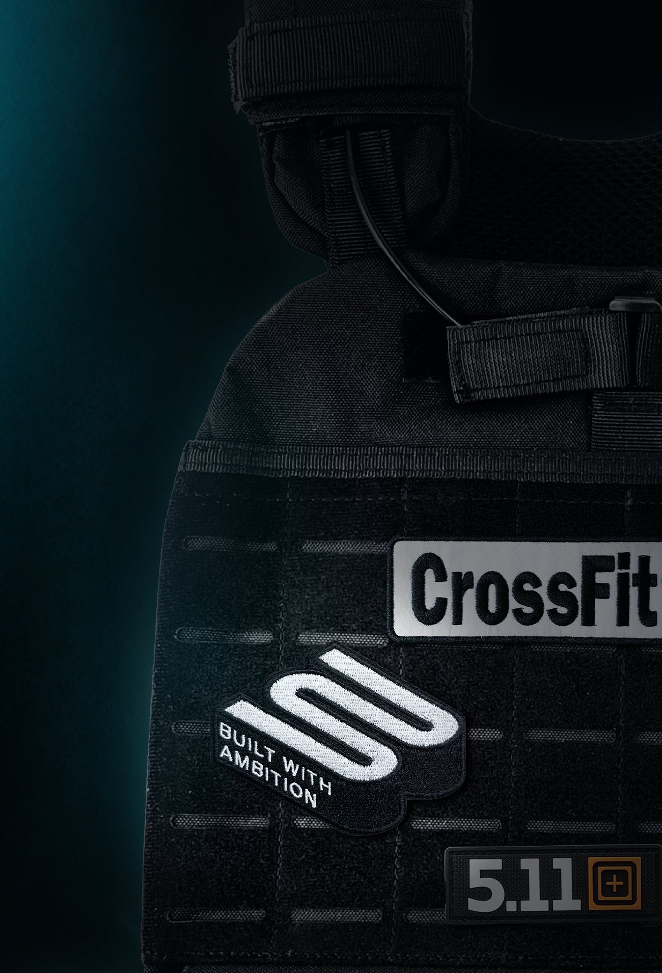 Black tactical vest with CrossFit and 5.11 patches, built for athletes with ambition.