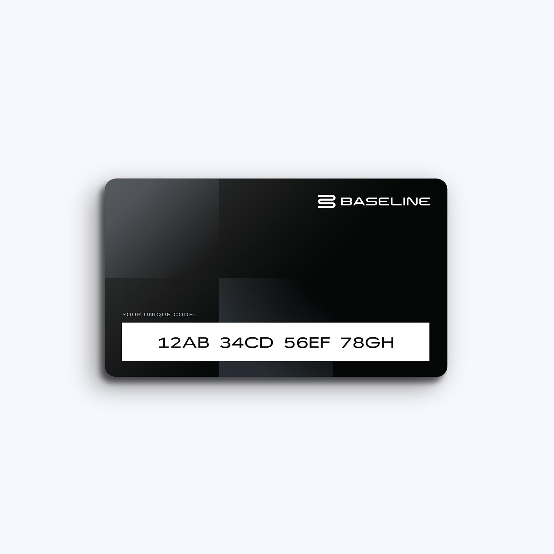 Black plastic card mockup with Baseline logo and unique alphanumeric code on white background