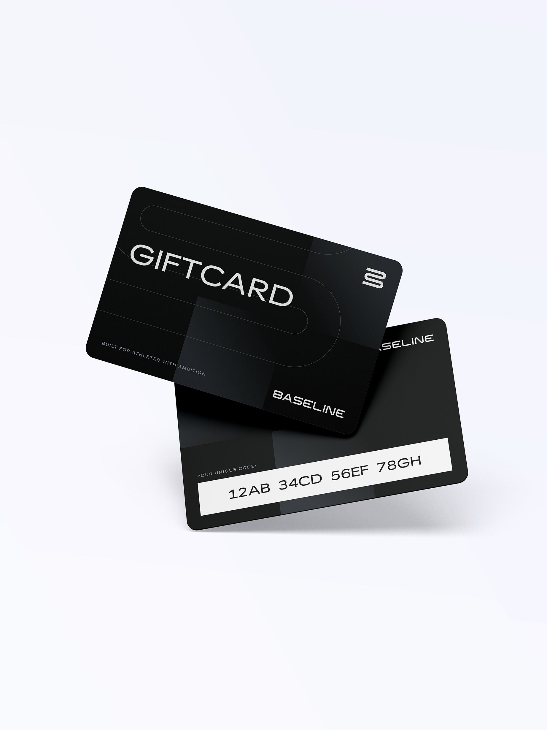 Black gift card with code, modern design, built for athletes, on white background